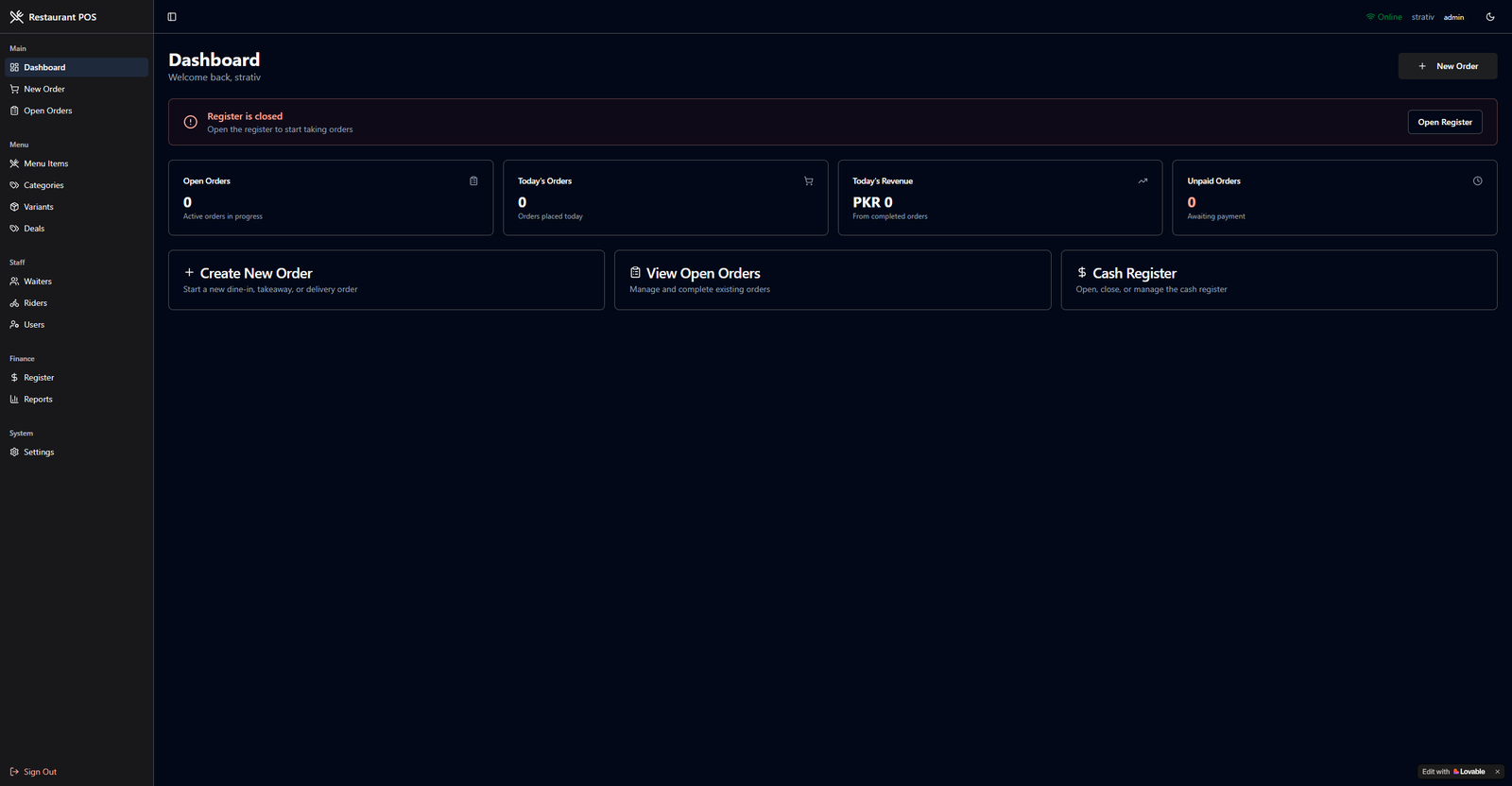 Restaurant POS platform dashboard